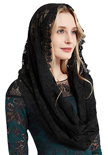 YHDDYG Infinity Veil for Catholic Mass Lace Infinity Scarf Church Veil for Girls Mantilla Infinity Veils Roses S97 - color: Black Infinity