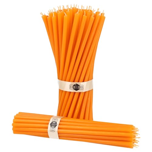 Danilovo Thin Taper Beeswax Candles - Honey-Scented, Decorative Candles Ideal for Birthday Decoration or Church Prayers - Orange Drip Free, Tall & Smokeless Pack of 50 pcs, 7.3 x 0.24 inch - color: Orange