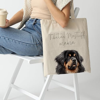 Dog Mom Canvas Tote Bag for Women, Reusable Cotton Shoulder Bag, Dog Lover Gift, Mother’s Day Pet Mom Shopping Tote - color: Tibetan Mastiff