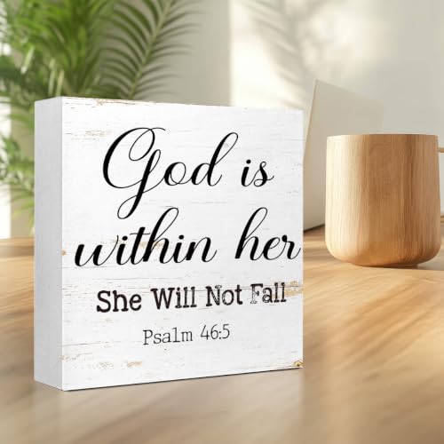 God Is Within Her She Will Not Fall Office Wooden Box Sign 5x5 In