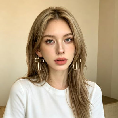 Cross Hoop Earrings for Women Trendy Large Cross Rhinestone Sparkly Hoop Earings Prom Wedding Party Formal Jewelry - color: gold R4