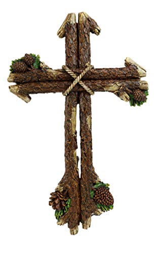 Ebros Gift 13.5" Tall Rustic Western Rugged Tree Logs With Pine Cones Wall Cross Decor Hanging Sculpture Catholic Christian Country Cabin Lodge Accent Decorative Crosses