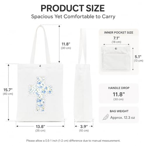 Christian Tote Bag Gift for Women, Canvas Bible Bag Handmade Floral Cross - color: White-forget Me Not