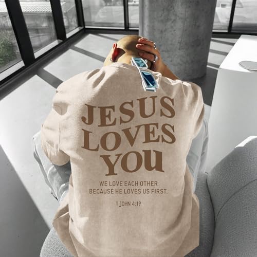 Mens Christian Shirts Jesus is King Love You Tshirt God Faith Religious Bible Verse Oversized Acid Wash Graphic Tees - color: Apricot, size: Large