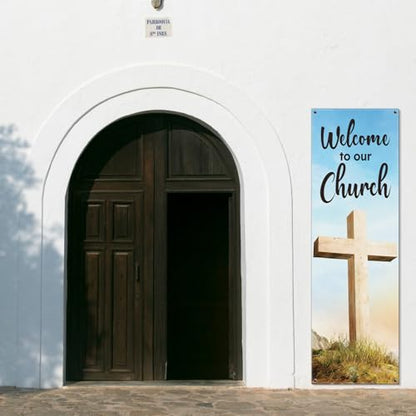 Hahafelt Welcome to Our Church Banner for Church 24 x 72 Inch Easter Adjustable X-Stand Banner Lent Ceremonies Religious Decorations Jesus Resurrection Banners for Christian Churches Supplies - size: 24 x 72 Inches, style: Welcome To Our Church,