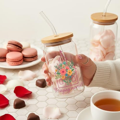 Praying Mama Floral Christian Glass Cups With Wood Lids And Straws, Women Of The Bible Glass Tumbler, Glass Can With Design, Mothers Day Gift Glass Cup, Bridal Party Gifts, Mom Iced Coffee Mug