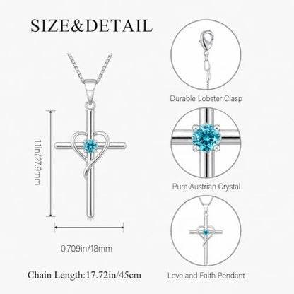 Cross Heart Necklace, 18K Gold Plated Crystal Pendant for Women - color: White-Light Turquoise