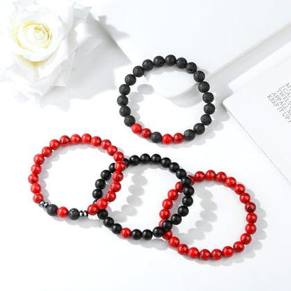 Mens Beaded Bracelets, 8MM Beaded Bracelets for Men, Natural Tiger Eye Bead Bracelet, Stretch Elastic Beads Bracelets for Men - color: 4 black red turquoise volcanic