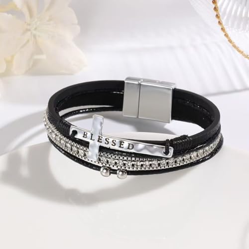 LINGYUAN Cross Bracelet for Women, Leather Religious Christian Jewelry - color: Black