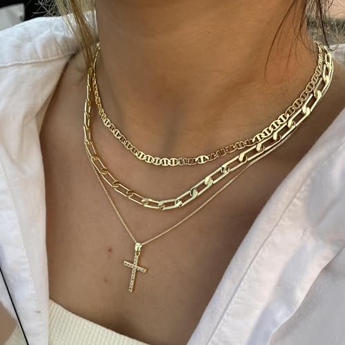 Cross Necklace for Women Stack 14K Gold/Silver Plated Layered Necklace - color: GD