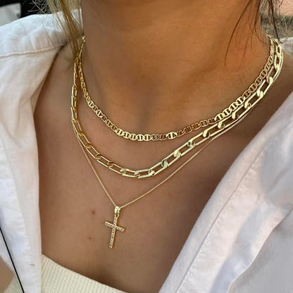 Cross Necklace for Women Stack 14K Gold/Silver Plated Layered Necklace - color: GD