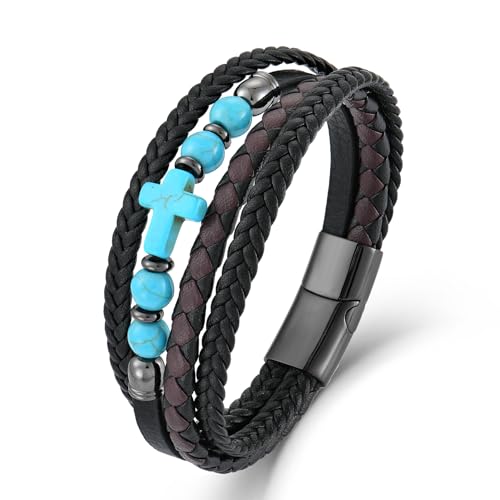 Men's Leather & Lapis/Onyx/Turquoise/Tiger Eye Cross Bracelet - Braided Christian Jewelry for Men, 8.3" & 9.1" Sizes - color: Turquoise, size: 8.3in(Fits most wrists; Recommend!)