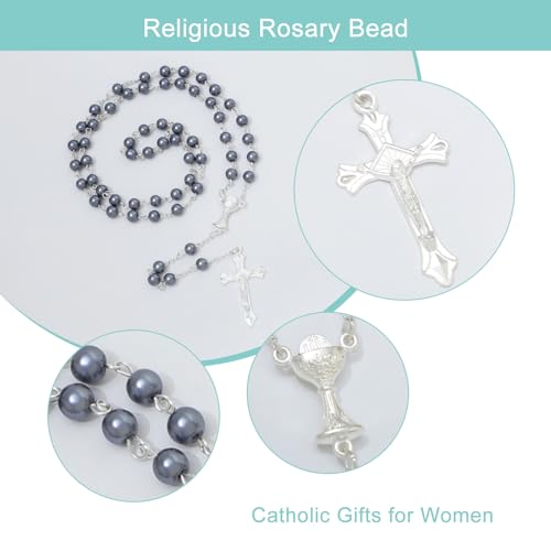 KOMI 6 MM Pearl Rosary Beads With Crucifix, Catholic Necklace for Women With Velvet Bag or Rosary Box - style: Rosary-9
