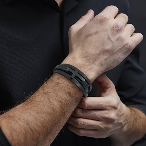 Leather Cross Bracelet Braided Faith Bangle for Men, 8.3 &9.1 Inch - color: 04.Black cross, size: 8.3in(Fits most wrists)