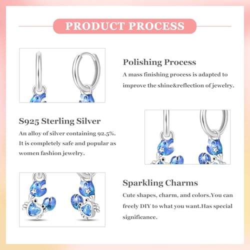 925 Sterling Silver Cute Animal Unique Huggie Hoop Earrings for Women - color: Blue Crab