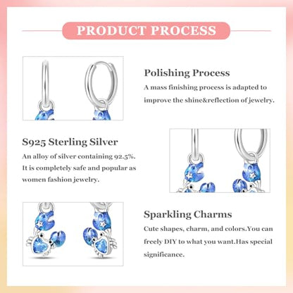 925 Sterling Silver Cute Animal Unique Huggie Hoop Earrings for Women - color: Blue Crab