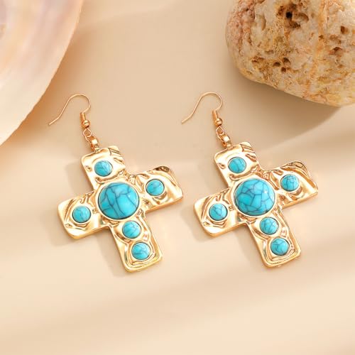 Chunky Gold Silver Cross Drop Dangle Earrings for Women Statement Western - color: Gold-Turquoise