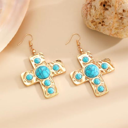 Chunky Gold Silver Cross Drop Dangle Earrings for Women Statement Western - color: Gold-Turquoise