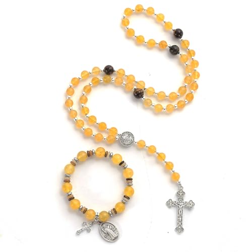 Rosary for Men Women, Natural Stone Beads with St. Benedict Bracelet - color: Yellow