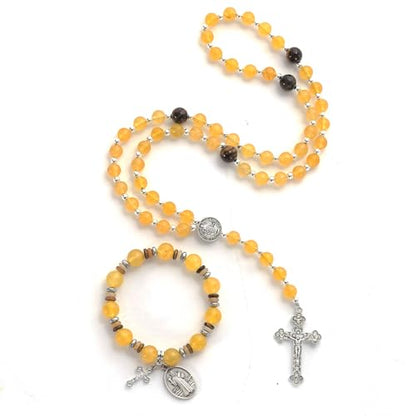Rosary for Men Women, Natural Stone Beads with St. Benedict Bracelet - color: Yellow