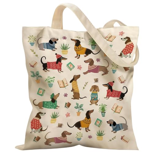 Canvas Tote Bags Reusable Shopping Bag for Women with Zippered Inner Pocket Magnetic Snap Closure - color: Dachshund