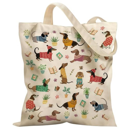 Canvas Tote Bags Reusable Shopping Bag for Women with Zippered Inner Pocket Magnetic Snap Closure - color: Dachshund