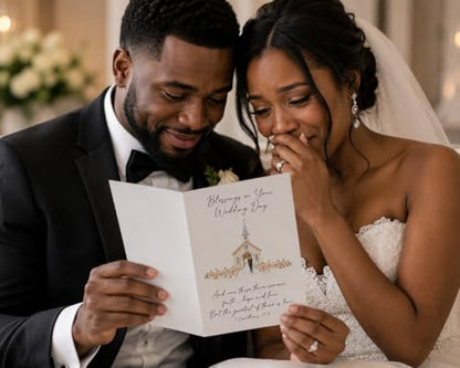 Blessings On Your Wedding Day Card for Bride and Groom | Married Couple In Front of Church Illustration with Bible Verse 1 Corinthians 13:13 | God Writes The Best Love Stories | Christian Couples | Congratulations on your Marriage For Religious Friends an