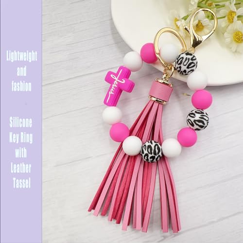 SHINYHARBOR Silicone Beaded Wristlet Keychain Bracelet,Key Wrist Keychains for Women Mom Teachers Best Friend - color: Cross-rose Red&white