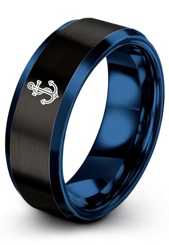 Gift for Nautical Fan - Anchor With Rope Ring - Men Women - Tungsten - Flat Dome Bevel - Band - Yellow Gold Black Silver Blue - Anniversary Wedding - 8mm - Brushed Polished - Personalized Custom Engra - color: 11 - Black Blue Tungsten