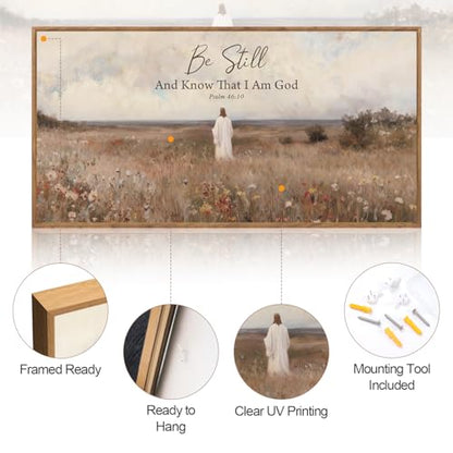 Aurlan Be Still And Know Psalm 46:10 Framed Canvas Wall Art 40x20 Inch - color: Psalm 46:10 Be Still And Know That I Am God, size: 40"L x 20"W