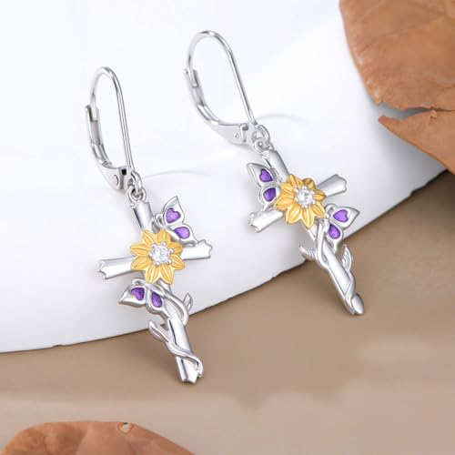 925 Sterling Silver Sunflower/Rose/Plumeria/Hibiscus/Mushroom Cross Earrings for Women Hawaiian Flower/Butterfly Cross Dangle Drop Earrings Jewelry Faith Christian Gift for Her Daughter Wife Girlfriend - style: Sunflower Cross 2