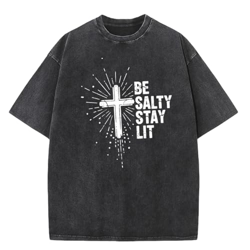 Be Salty Stay Lit Shirt Men Oversized Christian Graphic Tee Acid Wash Tshirt for Gym - color: Black-sparkly, size: Small