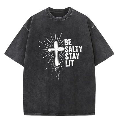 Be Salty Stay Lit Shirt Men Oversized Christian Graphic Tee Acid Wash Tshirt for Gym - color: Black-sparkly, size: Small