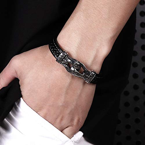 Men's Braided Leather Bracelet Wristband Cuff Bracelet for Men Gifts Stainless Steel Clasp - color: Black 2