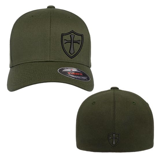 Crusader Cross Military Logo Front and Back Embroidered Fitted Hat Black Grey Navy Red Olive Royal Blue Curved or Flat Brim - color: Olive Curved, size: Large-X-Large