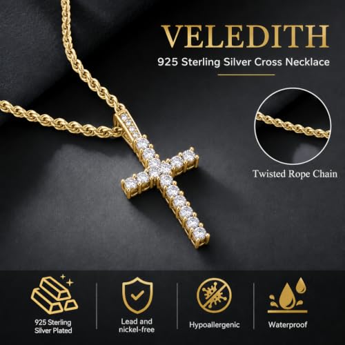 925 Sterling Silver Cross Necklaces for Mens Women CZ Beveled Edge - color: Cubic Zirconia Gold Cross