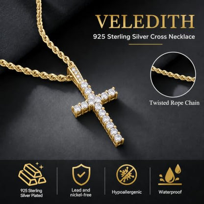 925 Sterling Silver Cross Necklaces for Mens Women CZ Beveled Edge - color: Cubic Zirconia Gold Cross