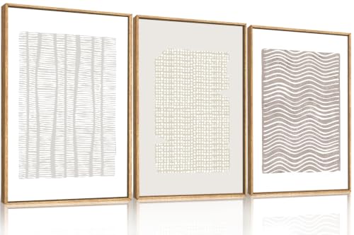 Aryroi Beige White Abstract Neutral Framed Canvas Wall Art Set- 16"x24"x3 - color: Boho Geometry Line Wall Art, size: 16"L x 24"W