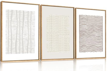 Aryroi Beige White Abstract Neutral Framed Canvas Wall Art Set- 24"x36"x3 - color: Boho Geometry Line Wall Art, size: 24"L x 36"W