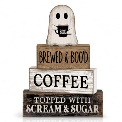Lineshading 4 Pcs Halloween Ghost Blocks, Wooden Coffee Farmhouse Decor - style: Brewed & Boo'd Coffee