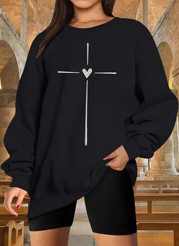 Christian Sweatshirts for Women Embroidered Jesus Cross Heart Print Shirt Inspirational Oversized Religious Pullover - color: Black, size: Small