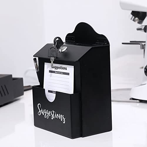 MyGift Suggestion Box with Slot and Lock, Donation Box for Fundraising, Complaint Case with Paper Sheet and Pen Holder Slots,Wall Mounted or Tabletop, Black Metal - color: Black