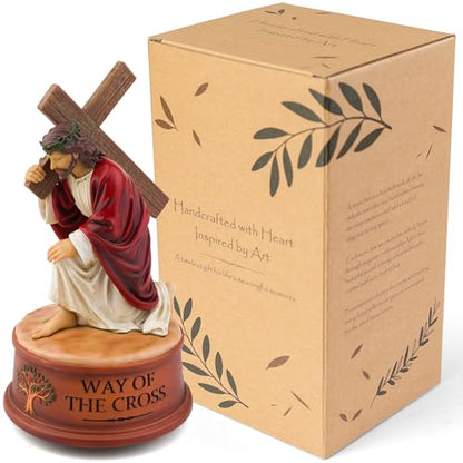 Way of The Cross Jesus Figurine Music Box,Christian Religious Collectible Statue Playing How Great Thou Art,Hand-Painted Jesus Carrying Cross Figurine,Faith Based Prayer Corner Decor,Lent Easter Gift
