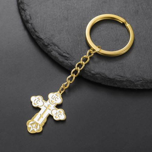 TEAMER Cross Keychain Russian Orthodox Crucifix Eastern Church Keychain Religious Christian Prayer Jewelry for Men Women - color: White Gold