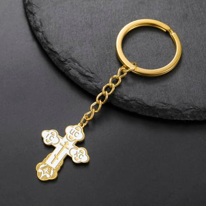 TEAMER Cross Keychain Russian Orthodox Crucifix Eastern Church Keychain Religious Christian Prayer Jewelry for Men Women - color: White Gold