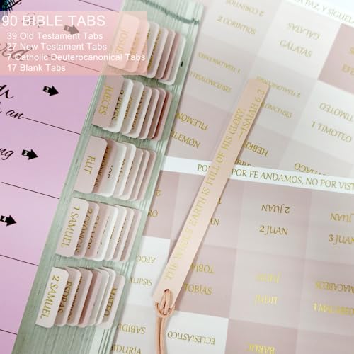 Vorscrin-Laminated Bible Tabs for Women and Men, Gold Foil Lettering Design, Reposition and Large Print Stickers, Bible Study Supplies, 90 Chapters Labels for Easy Navigation(Spanish Light Pink) - color: Spanish Light Pink