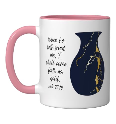 Bible Verse Jesus Christ Kintsugi Vase Gold Job Christian Ceramic Mug, Pink/White, 11oz - color: Pink/White, size: 11 Ounces