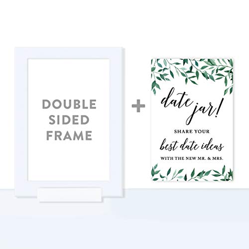 Andaz Press Framed Wedding Party Signs, Natural Greenery Green Leaves, 4x6-inch, Date Jar Share Your Best Date Idea with The New Mr. & Mrs. Sign, 1-Pack, Includes Reusable Photo Frame - color: Activities Date Jar