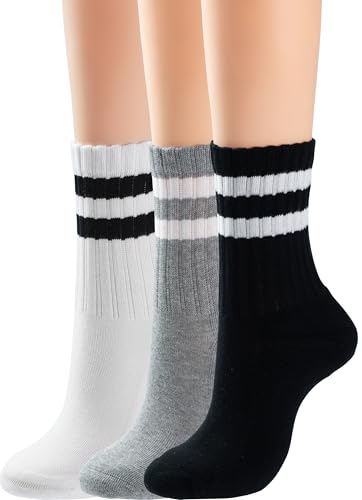 BomKinta Womens Striped Crew Socks Retro Above Ankle Cotton Sock Size 5-10 - color: 3 Pairs-black White Grey