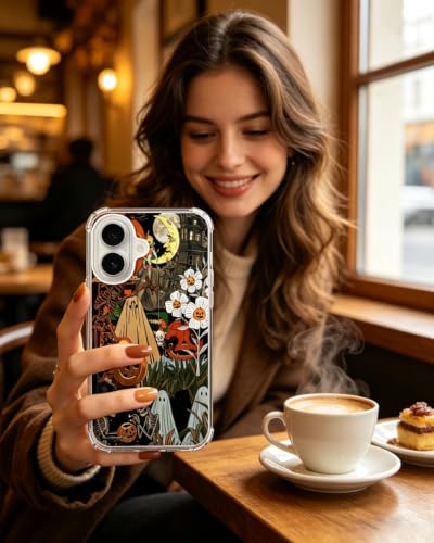 Halloween Aesthetic Phone Case Compatible with iPhone 17, Hippie Ghosts Spooky Pumpkins Phone Cover for iPhone 17 - color: Spooky Halloween